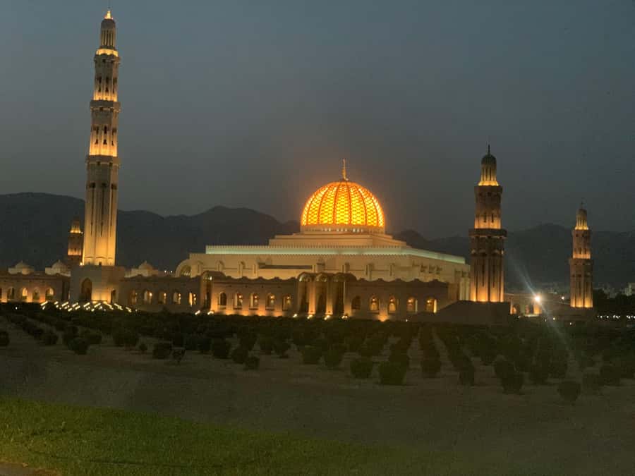 Muscat: Evening Group City Guided Tour with Free Dinner - Sultan Qaboos Grand Mosque: a night-time exterior view